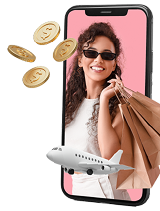 Mujer feliz, viajes y compras