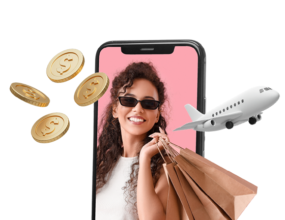 Mujer feliz, viajes y compras