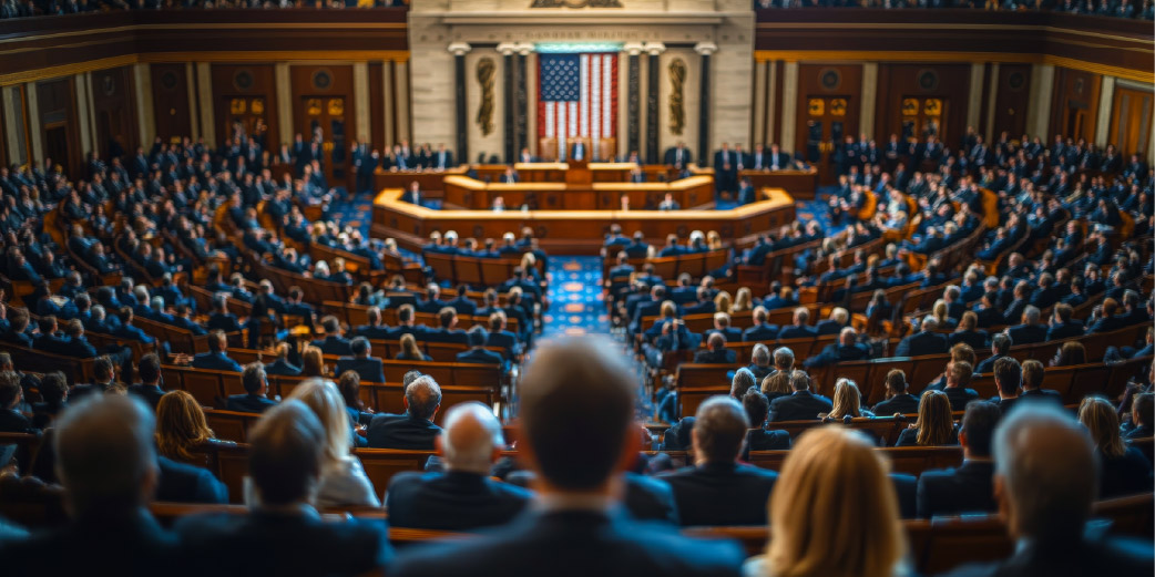 Congreso lleno durante sesión con bandera estadounidense