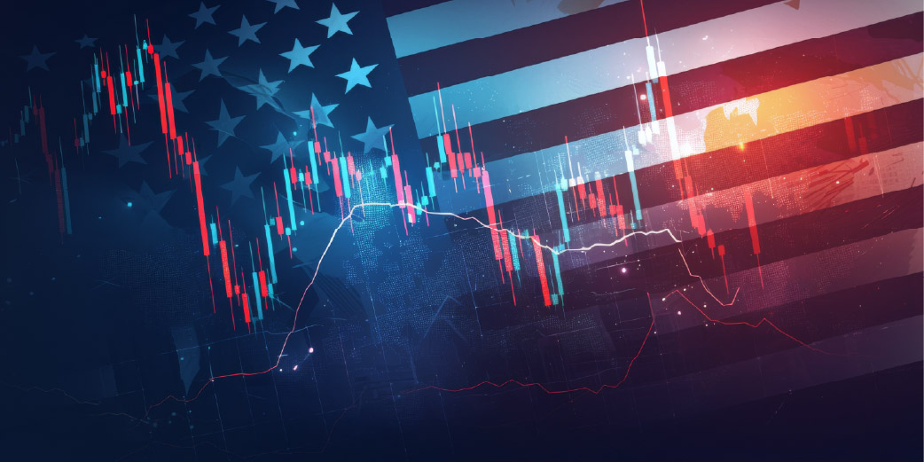 Gráfico financiero con bandera de Estados Unidos de fondo